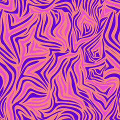 Seamless pattern with stripes in trendy colors of purple, pink and coral. Print for modern fabrics, wrapping paper. Tiger striped color. Vector.