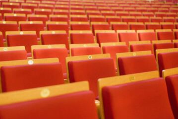 Upholstered chairs in an empty concert hall. Pandemic