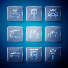 Set line Hatchback car, Delivery cargo truck, Road traffic signpost, Police and flasher, Tow, TV News and Taxi icon. Vector