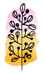 Watercolor pink yellow background and black contour twigs. Hand-drawn, background and twig are isolated from each other, can be moved to your liking.