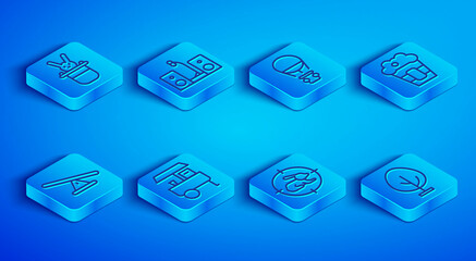 Set line Magician hat and rabbit, Home stereo with two speakers, Hot air balloon, Fast street food cart, Hunt crosshairs, Popcorn in box, Seesaw and Tree icon. Vector