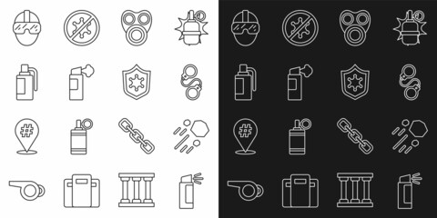 Set line Pepper spray, Flying stone, Handcuffs, Gas mask, grenade, Special forces soldier and Police badge icon. Vector