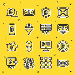Set line Video graphic card, Bitcoin, with circuit, Shield bitcoin, Sales funnel, Mining from mobile, and Server icon. Vector