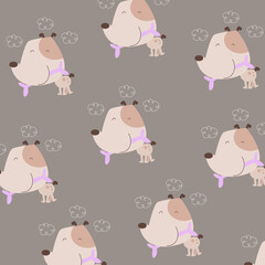 Seamless pattern with cute cartoon dog and bones