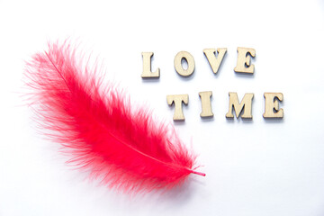 The inscription is a time of love. Pink feather on a white background.