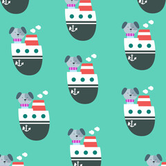 Cute ship and animal seamless pattern