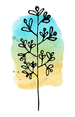 Watercolor blue yellow background and black contour twigs. Hand-drawn, background and twig are isolated from each other, can be moved to your liking.