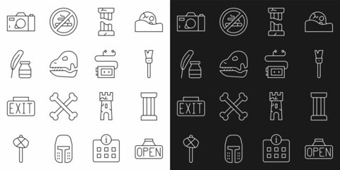 Set line Hanging sign with Open, Ancient column, Paint brush, Broken ancient, Dinosaur skull, Feather and inkwell, Photo camera and Museum audio guide icon. Vector