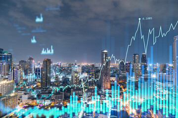 FOREX graph hologram, aerial night panoramic cityscape of Bangkok, the developed location for stock market researchers in Southeast Asia. The concept of fundamental analysis. Double exposure.