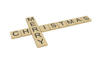 Merry Christmas words written with wooden letters, isolated on white background
