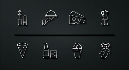 Set line Mascara brush, Slice of pizza, Mannequin, Ice cream, Lipstick, Covered with tray food, Roman army helmet and Cheese icon. Vector