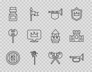 Set line Round wooden shield, Trumpet, with flag, Magic staff, Poison in bottle, Location king crown, Crossed medieval axes and Castle, fortress icon. Vector