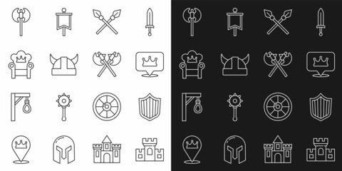 Set line Castle, fortress, Shield, Location king crown, Crossed medieval spears, Viking horned helmet, Medieval throne, axe and axes icon. Vector