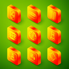 Set line Domino, Checker game chips, Board, Hockey table, Casino with dollar, Chess, and Bingo icon. Vector
