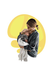 Smiling mother hugs the baby in her arms and hugs him to her.