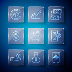 Set line Hand giving money, Money bag, ATM, exchange, Piggy bank, Dollar symbol, Gold bars and Inserting coin icon. Vector