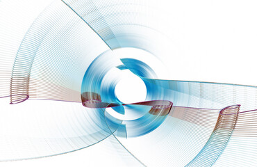 Blue transparent arcuate, wavy, and swirling elements rotate against a white background. Abstract fractal background. 3d rendering. 3d illustration.