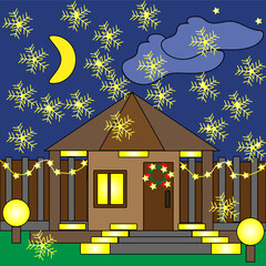 cozy house,beautiful house,house with window,fence,street lamps,street light for the house,door,square,one-story,sky,grass,sun,moon,stars,evening sky,evening,morning,day,snowflakes,garlands,festive ga