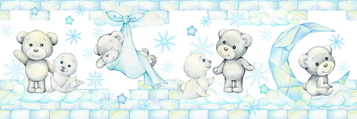 Watercolor seamless pattern, ice texture, seal, polar bears, cartoon style. Winter background