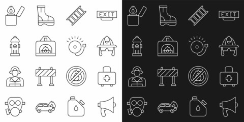 Set line Megaphone, First aid kit, Firefighter helmet, escape, Interior fireplace, hydrant, Lighter and Ringing alarm bell icon. Vector