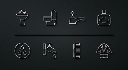 Set line Washbasin with water tap, Water drop, Perfume, Hairbrush, Toilet bowl, Bathrobe and icon. Vector