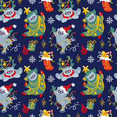 Christmas pattern. Funny bear and christmas.  Seamless pattern for fabric, wrapping, textile, wallpaper, apparel. Vector.