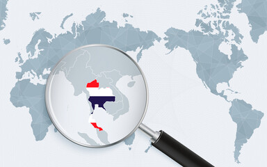 Asia centered world map with magnified glass on Thailand. Focus on map of Thailand on Pacific-centric World Map.