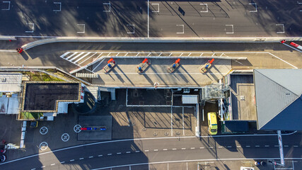 fuel station and parking at F1 racing track in Zolder, Limburg Belgium seen from above. Drone aerial top down view
