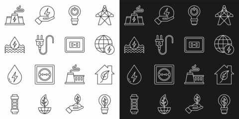 Set line Light bulb with leaf, Eco friendly house, Global energy power planet, lightning, Electric plug, Water, Power station plant factory and Electrical outlet icon. Vector