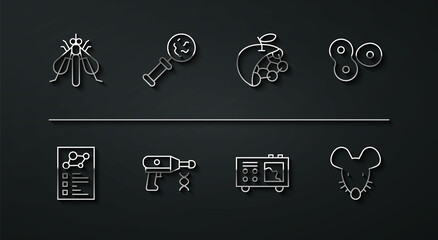 Set line Experimental insect, Clinical record, Cell division, Spectrometer, Transfer liquid gun, Microorganisms under magnifier, mouse and Biological structure icon. Vector