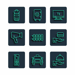 Set line Remote control, Taxi car, Covered with tray, Smart Tv, Heating radiator, Hair dryer, Trash can and Digital door lock icon. Vector