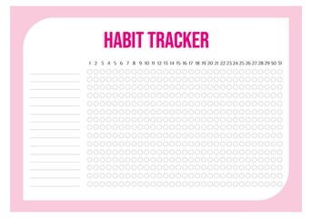 Modern collection of habit tracker daily weekly monthly planner printable template with pink background. Collection of note paper, to do list, stickers templates. Blank white notebook page A4.