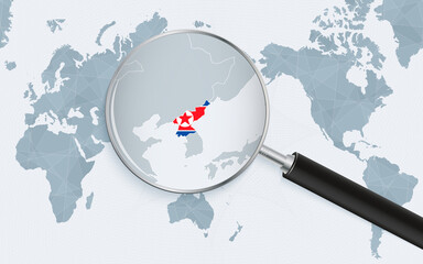 Asia centered world map with magnified glass on North Korea. Focus on map of North Korea on Pacific-centric World Map.