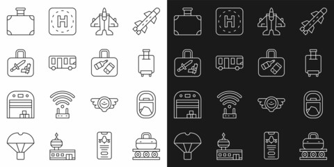 Set line Conveyor belt with suitcase, Airplane window, Suitcase, Jet fighter, Airport bus, and icon. Vector