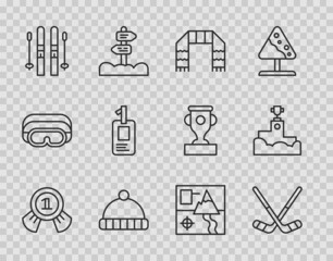 Set line Medal, Ice hockey sticks, Winter scarf, hat, Ski and, Identification badge, Folded map and Award winner podium icon. Vector