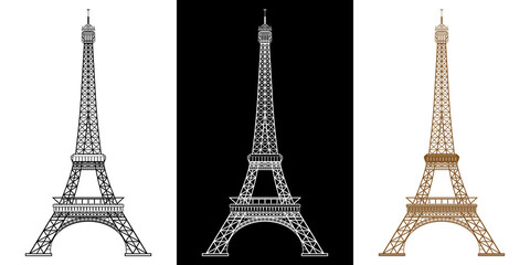 3 versions de la silhouette de la tour Eiffel de face, dessins de noir et marron sur fond blanc et blanc sur fond noir.