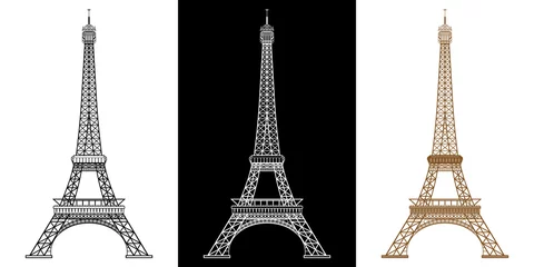 Foto op Canvas 3 versions de la silhouette de la tour Eiffel de face, dessins de noir et marron sur fond blanc et blanc sur fond noir. © ID-EasyDoor