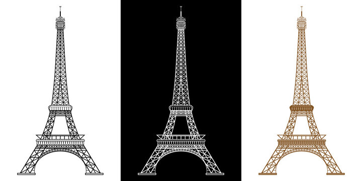 3 versions de la silhouette de la tour Eiffel de face, dessins de noir et marron sur fond blanc et blanc sur fond noir.