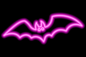Neon pink outline of a bat on a black background. Halloween concept.