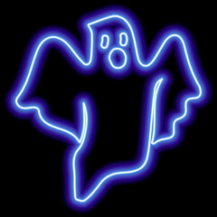 Neon blue outline flying ghost on black background. Halloween symbol.