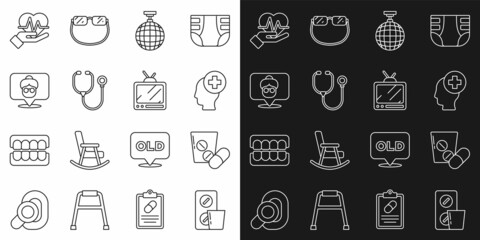 Set line Pills in blister pack, Medicine pill or tablet, Male head with hospital, Disco ball, Stethoscope, Nursing home, Heart rate and Retro tv icon. Vector