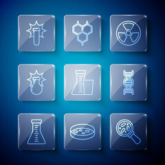 Set line Test tube and flask, Petri dish with bacteria, Microorganisms under magnifier, Radioactive, Chemical explosion, and DNA symbol icon. Vector