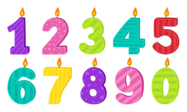 Set of Birthday candle numbers with burning flames in cartoon style. Decoration for cake. For greeting card, banner, invitation, stickers. Hand drawn vector illustration isolated on white background.