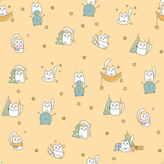 Christmas seamless vector pattern. Funny cats doodle pattern	