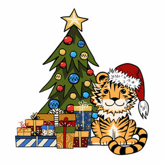 Tiger cub wearing Santa Claus hat with gifts and Christmas tree. Cute cartoon vector illustration isolated on white background.