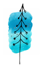 Watercolor blue background and black contour twigs. Hand-drawn, background and twig are isolated from each other, can be moved to your liking.