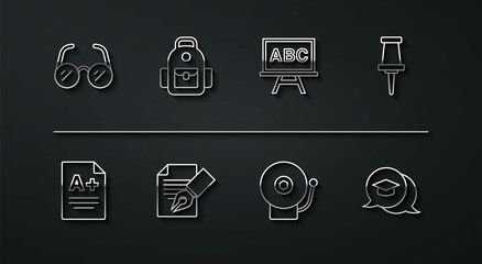 Set line Glasses, Exam sheet with A plus grade, Push pin, Ringing alarm bell, and pencil, School backpack, Graduation cap speech bubble and Chalkboard icon. Vector