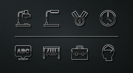 Set line Table lamp, Alphabet, Clock, Briefcase, Pendulum, Human brain and Medal icon. Vector