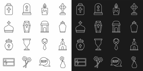 Set line Flower in vase, Church building, Funeral urn, Burning candle, Coffin with cross, tower, and Old crypt icon. Vector