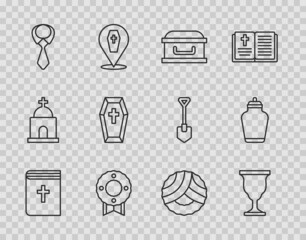 Set line Holy bible book, Christian chalice, Coffin with cross, Memorial wreath, Tie, and Funeral urn icon. Vector